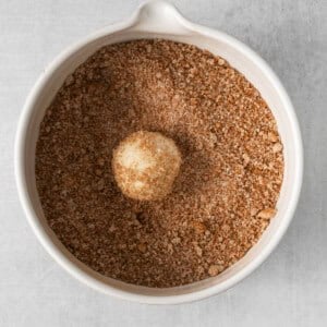 an egg in a white bowl of granulated sugar.