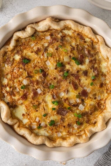 Quiche lorraine in a pie plate.