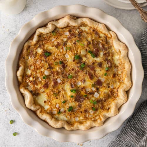 Quiche lorraine in a pie plate.