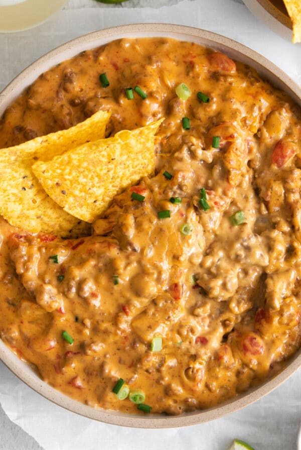 Rotel dip in a bowl.