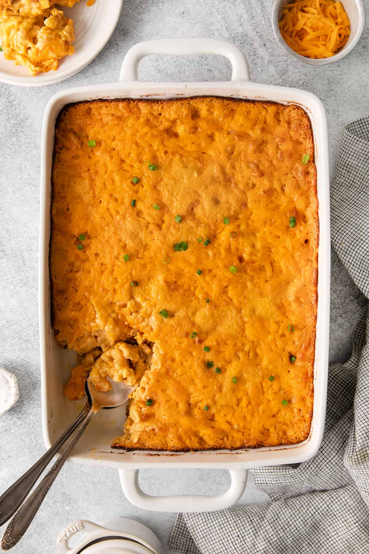 Southern baked mac and cheese in a casserole dish.