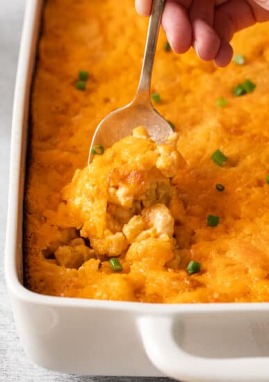 Southern mac and cheese on a spoon.