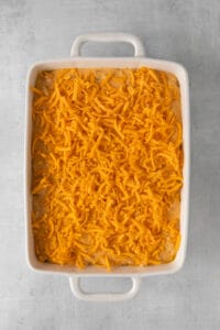 cheesy casserole in a square dish.