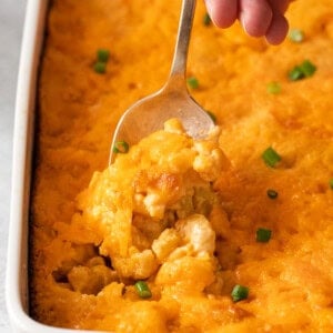 Southern mac and cheese on a spoon.