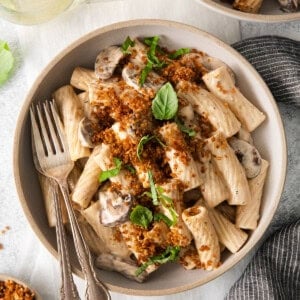 a bowl of pasta with mushrooms and parmesan cheese.