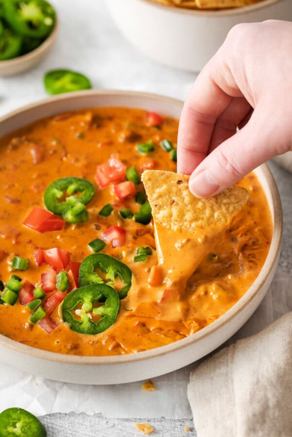 Velveeta chili cheese dip in a bowl.