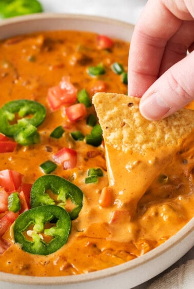 Velveeta chili cheese dip in a bowl.