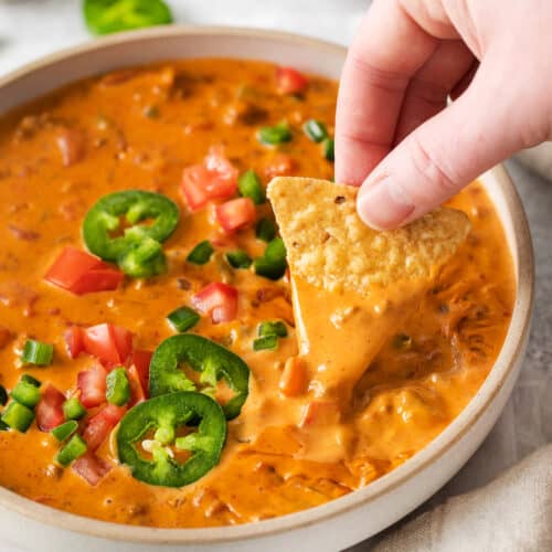 Velveeta chili cheese dip in a bowl.