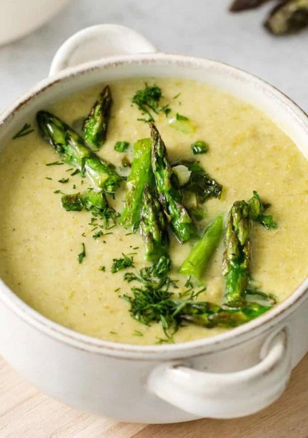 Cream of asparagus soup in a bowl.