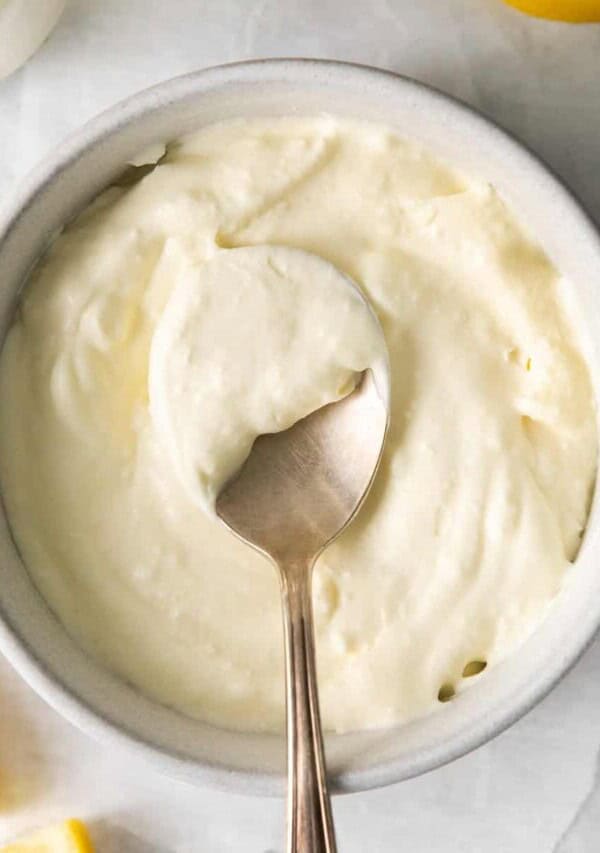Homemade mascarpone cheese in a bowl.