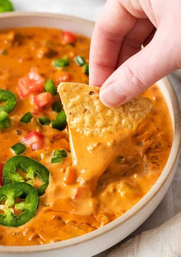 Velveeta chili cheese dip in a bowl.