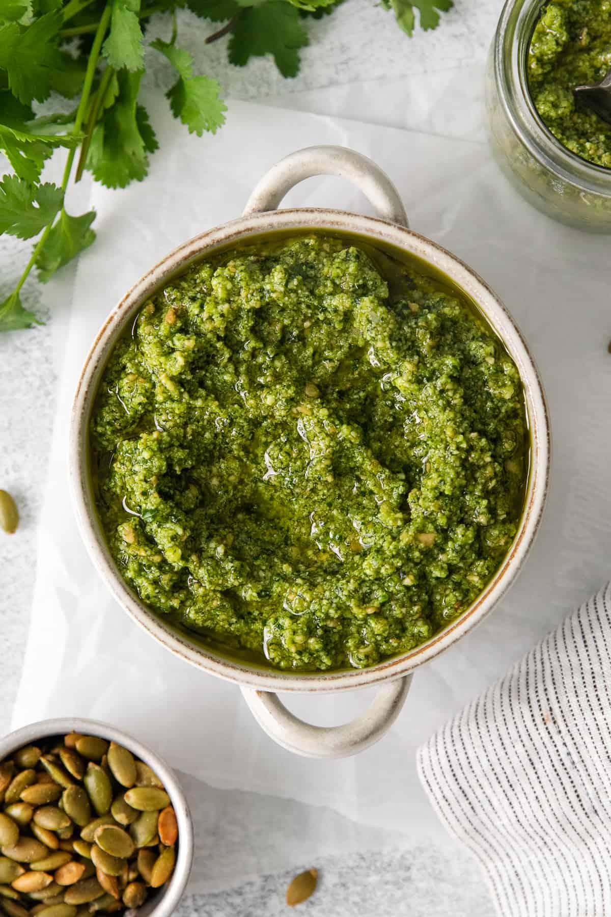 Cilantro pesto in a bowl.