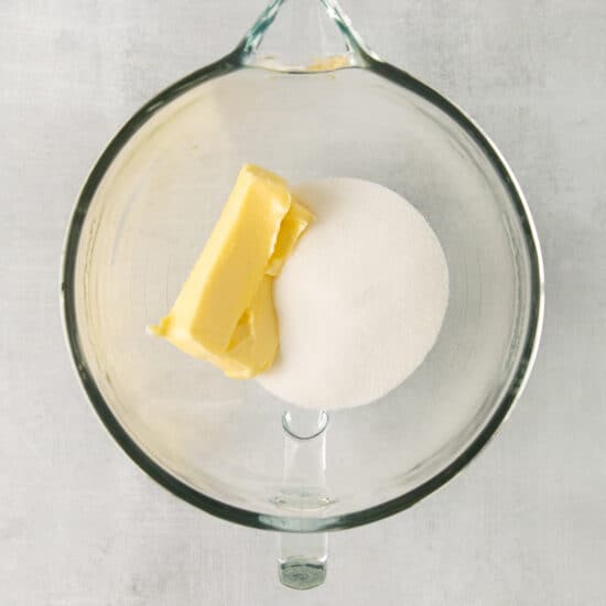 butter and sugar in a glass bowl.