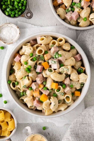 ham and pea pasta with ham and peas.