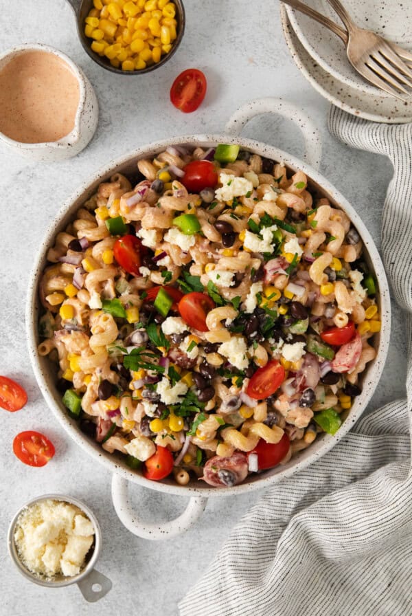 a Mexican pasta salad with tomatoes, corn, and black beans.