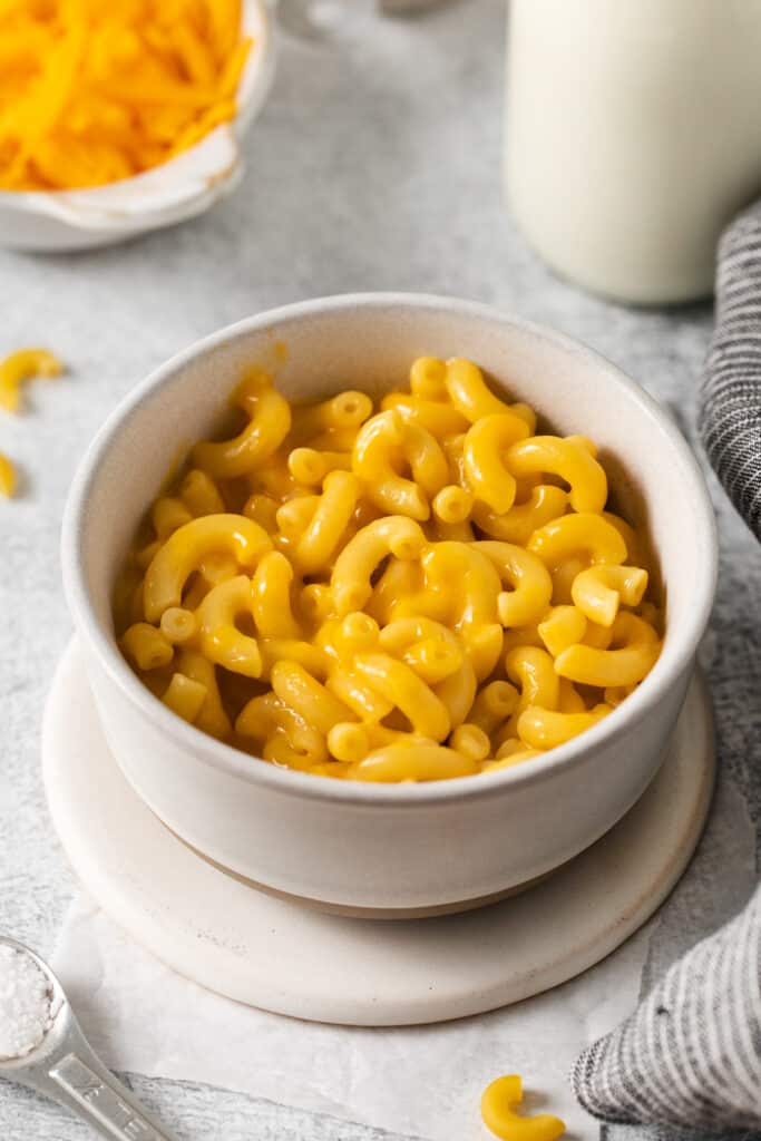 Microwave mac and cheese in a bowl.