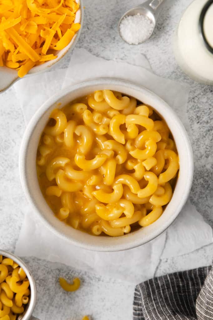 Microwave mac and cheese in a bowl.