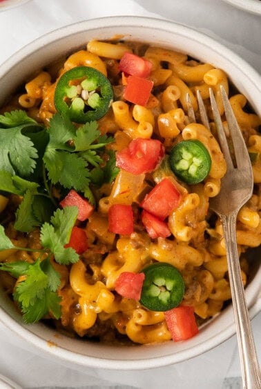 Taco mac and cheese in a bowl.