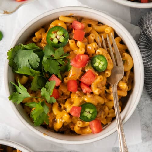 Taco mac and cheese in a bowl.
