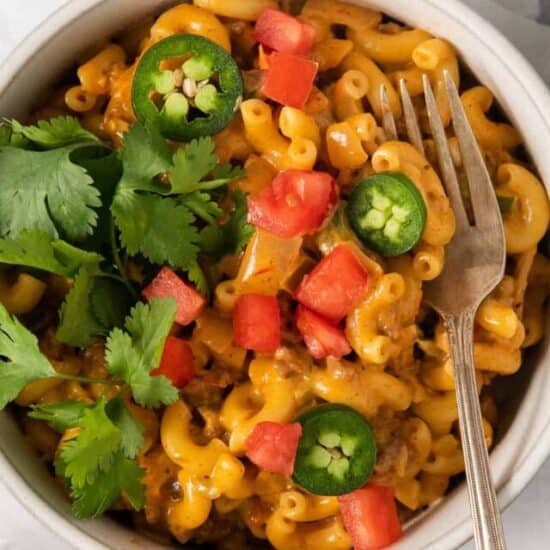 Taco mac and cheese in a bowl.