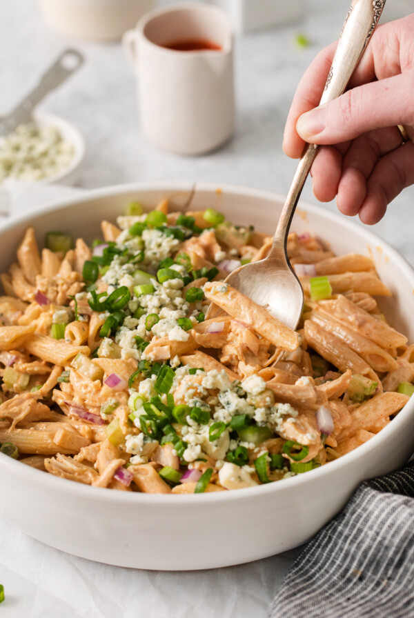 Buffalo chicken pasta salad in a bowl.