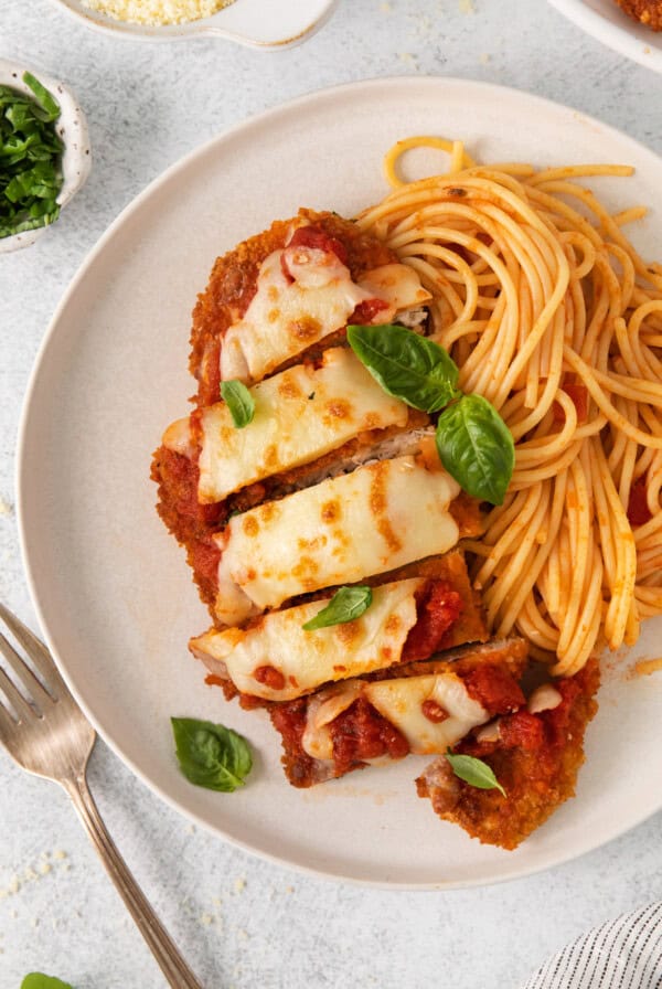 Chicken parmesan on a plate.