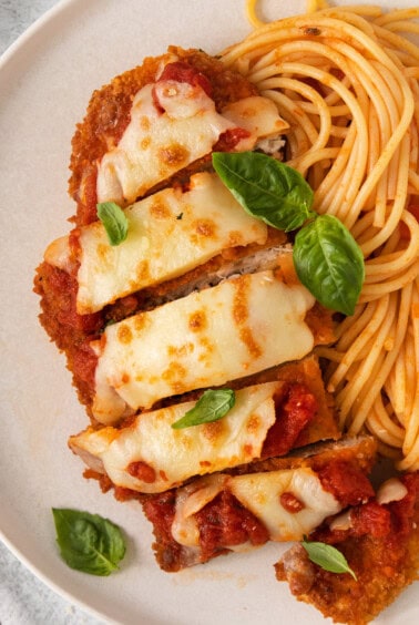 Chicken parmesan on a plate.
