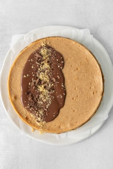a cheesecake with chocolate sauce and nuts on a plate.