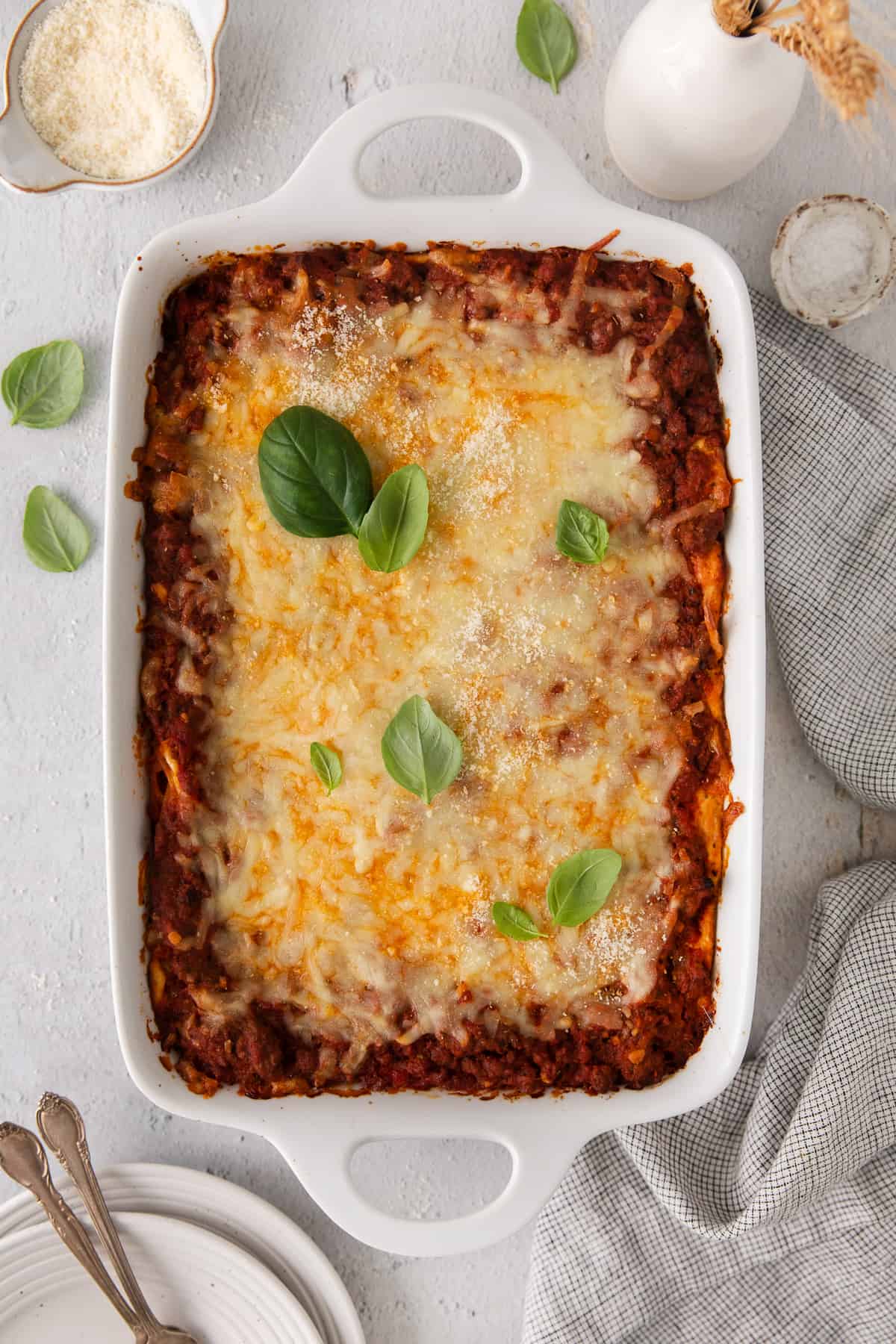 Million dollar spaghetti in a casserole dish.