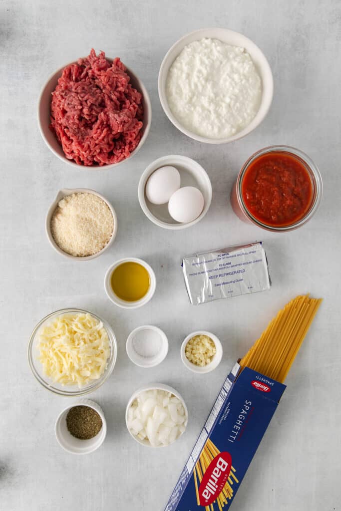 Ingredients for million dollar spaghetti in bowls.