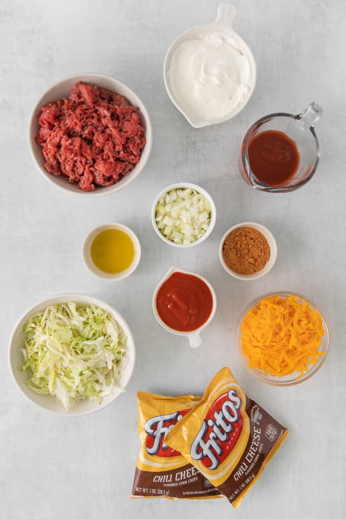 Ingredients in bowls for walking tacos.