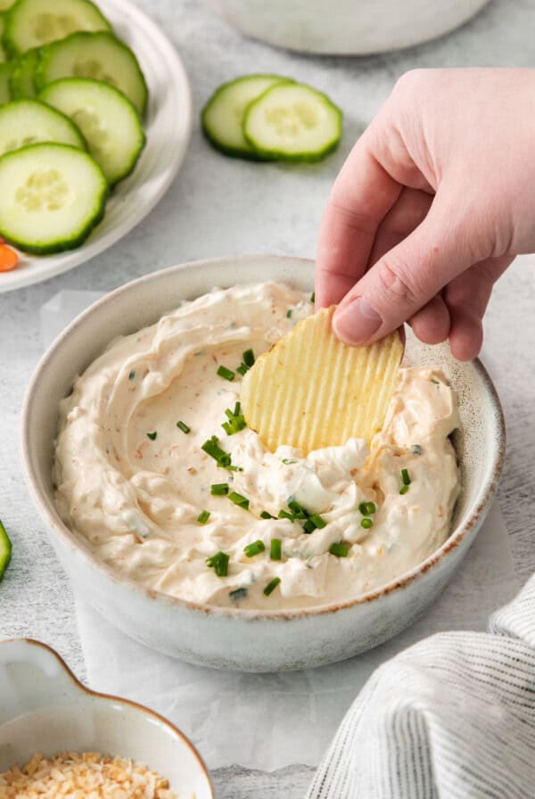 Chip dip in a bowl.