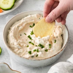 Chip dip in a bowl.