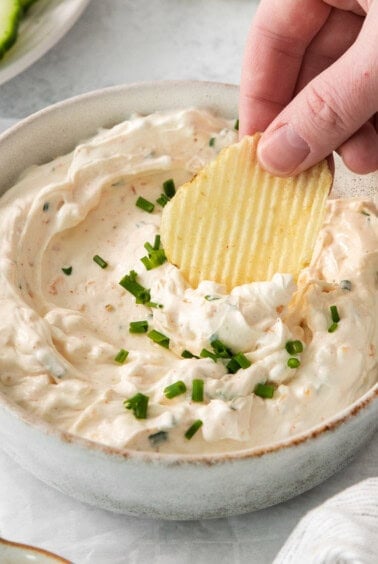 Chip dip in a bowl.