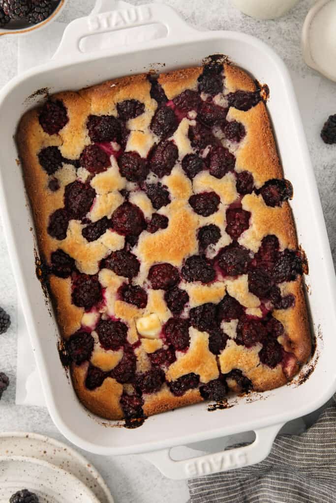 a baked dessert in a white casserole dish.