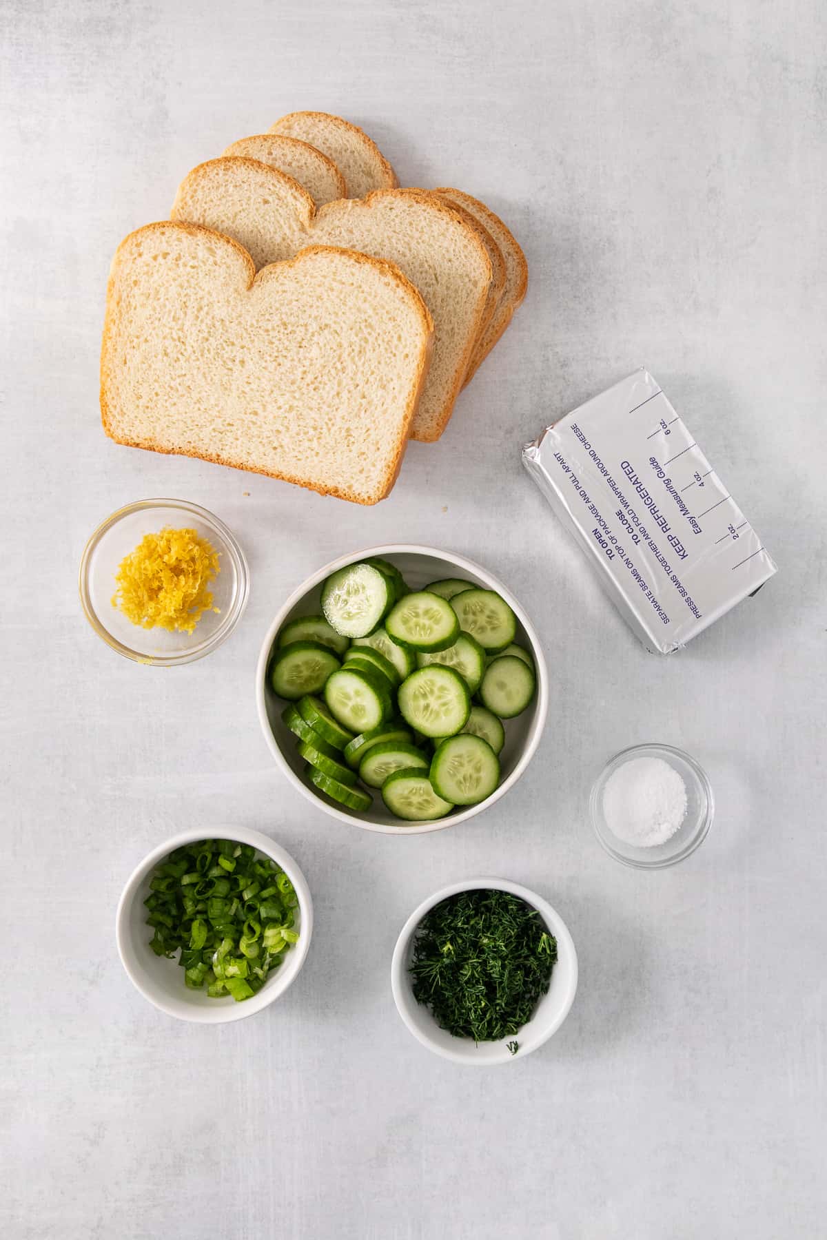 All the ingredients for cucumber sandwiches. 