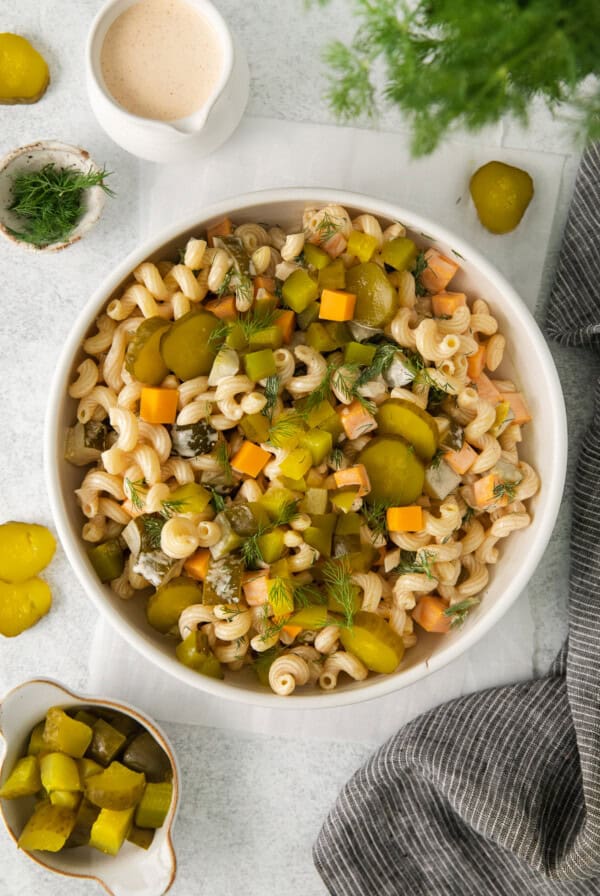 Dill pickle pasta salad in a bowl.