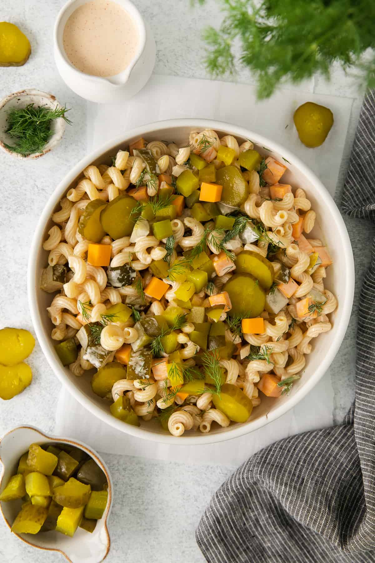 Dill pickle pasta salad in a bowl.