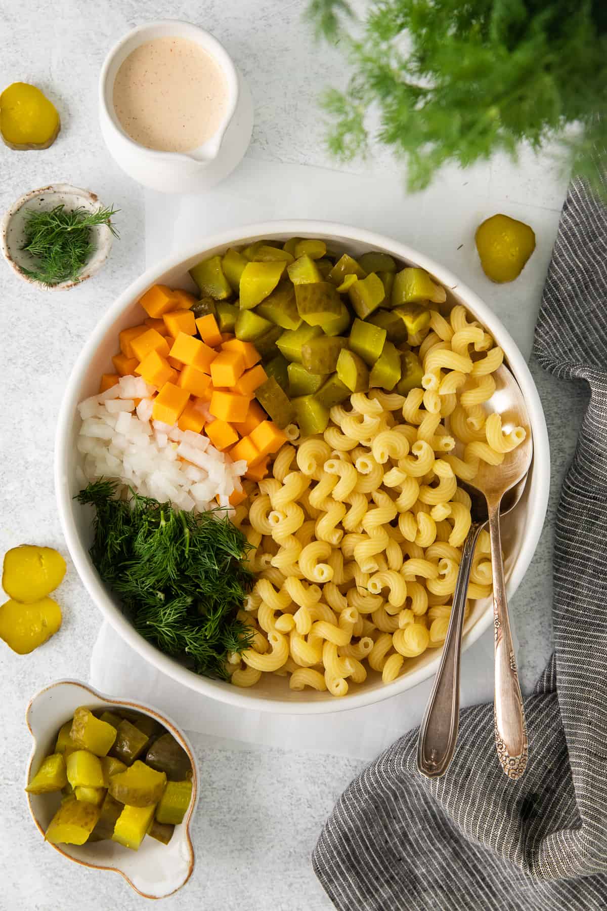 Dill pickle pasta salad in a bowl.