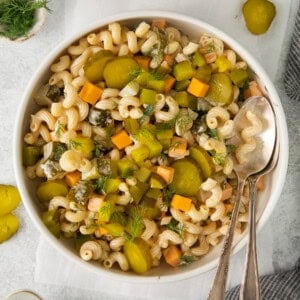 Dill pickle pasta salad in a bowl.