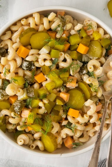 Dill pickle pasta salad in a bowl.