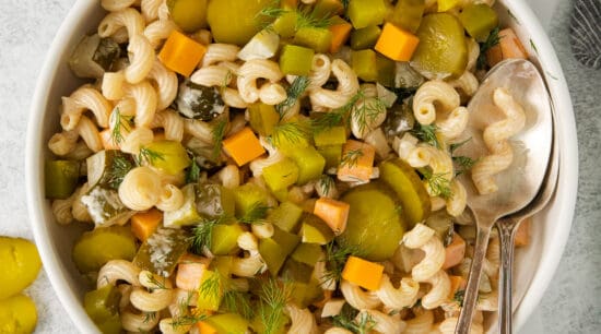 Dill pickle pasta salad in a bowl.