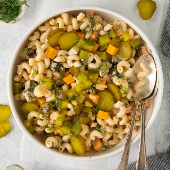 Dill pickle pasta salad in a bowl.