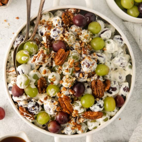 Grape salad with cream cheese in a bowl.