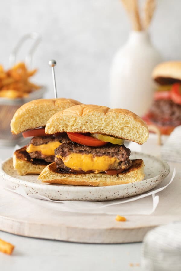 Juicy lucy burger on a plate.