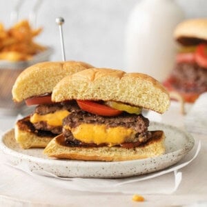 Juicy lucy burger on a plate.