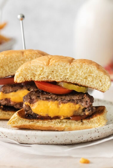 Juicy lucy burger on a plate.
