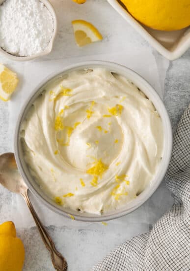 Lemon cream cheese frosting in a bowl.