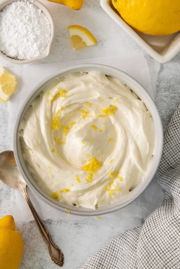 Lemon cream cheese frosting in a bowl.