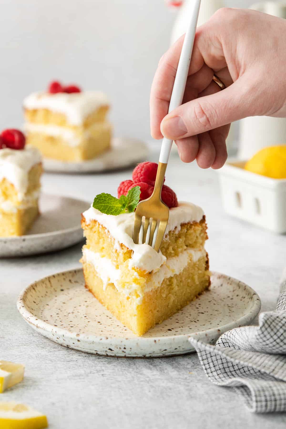 Lemon olive oil cake on a plate.